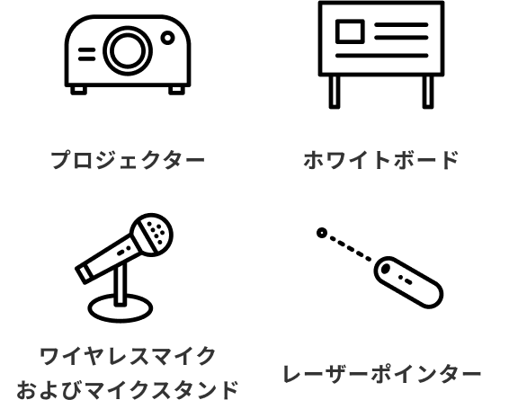 プロジェクター・ホワイトボード・ワイヤレスマイクおよびマイクスタンド・レーザーポインター